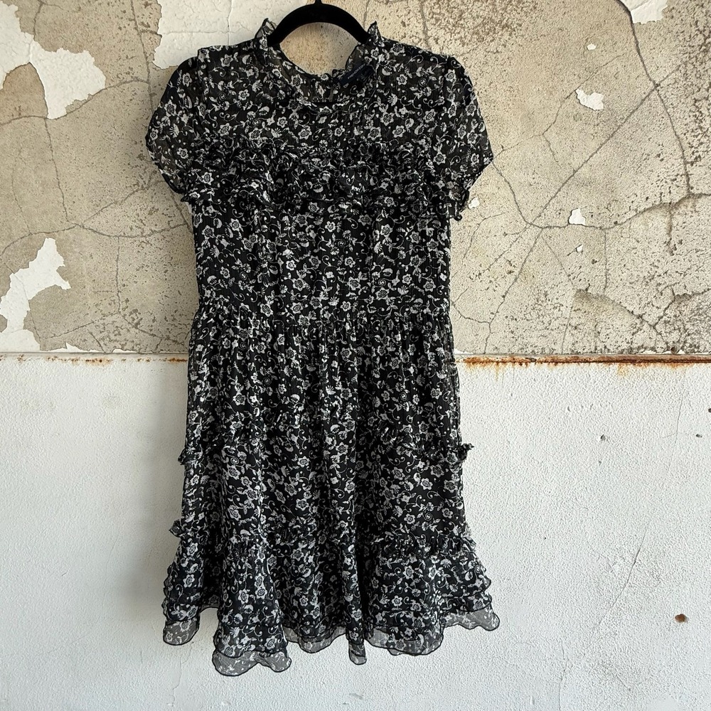 French Connection Dress Floral Chiffon Ruffle Mini Black White Short Sleeve 6